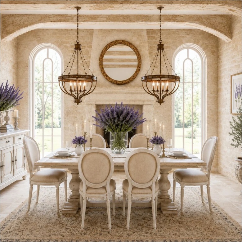 Luxury French Country Dining Room with Double Chandeliers and Arched Alcoves